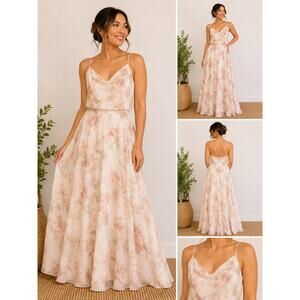 Jenny Yoo Bridesmaid Dress 12 Blush Floral Chiffon Maxi Formal Wedding Romantic